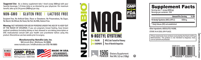 NutraBio: N-Acetyl-Cysteine Powder (NAC) 150 grams