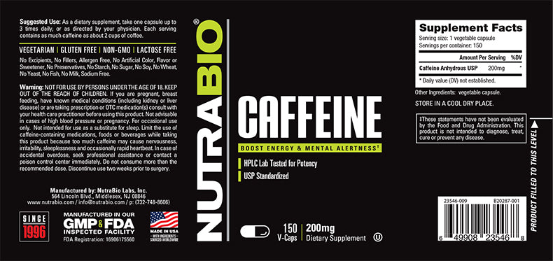 NutraBio: Caffeine Anhydrous (200mg)